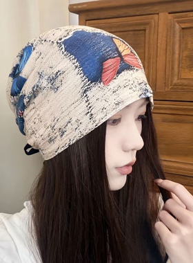双面戴蝴蝶印花堆堆帽女复古民族风包头帽宽松弹力大头围护头巾帽