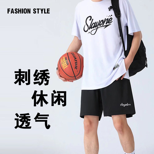 男子短裤夏透气宽松速干跑步健身休闲沙滩美式四分裤篮球运动短袖 - 图1