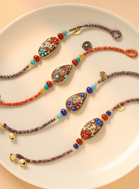 藏式蜡绳手工编织尼泊尔铜牌手链小众设计复古民族风女手绳配饰