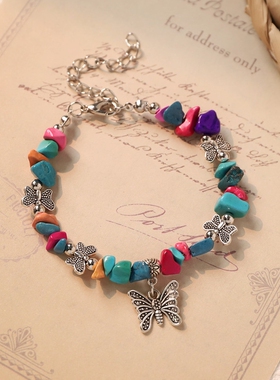 复古民族风森系手链小众设计文艺藏银紫水晶蝴蝶手串女新中式配饰