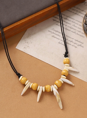 手工编织仿狼牙木珠项链复古小众狗牙部落民族风女个性毛衣配饰