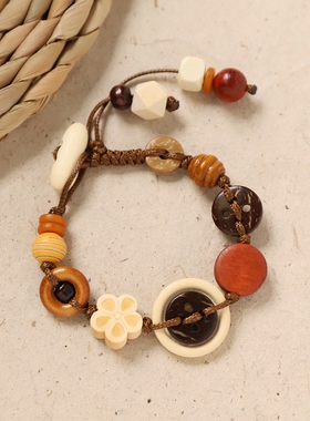 手工编织椰壳纽扣手链小众设计感复古女手串民族风森系手绳配饰