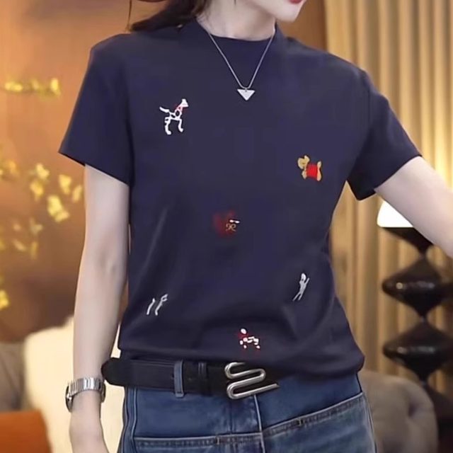 Heavy industry embroidery round neck short-sleeved T-shirt for women 2025 summer new style large size fat mm fashion versatile slim top trendy