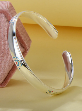 纯银宝相花珐琅描金开口银镯女