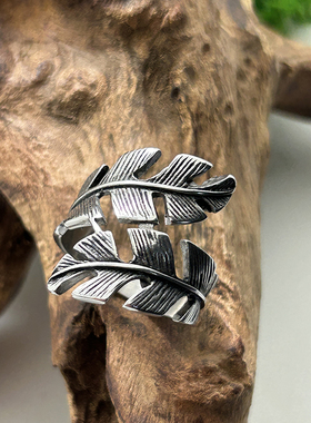 日系潮牌高桥羽毛戒指复古配饰男款嘻哈摇滚做旧工艺可调个性指环