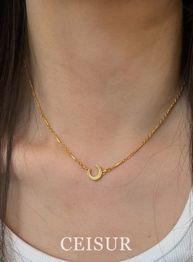 复古金色立体月牙吊坠项链女