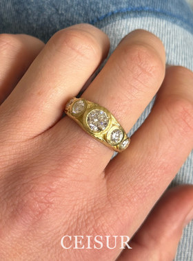 vintage中古宽边锤纹戒指女