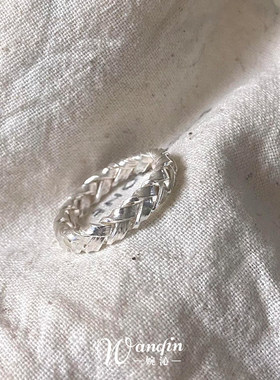 极简风银色麻花编织纹理戒指女