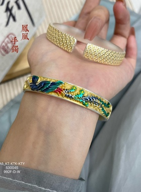 足银9999描金珐琅彩凤凰开口手镯宫廷风祥瑞古法银镯子520
