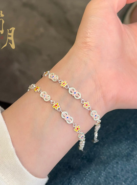 久不掉色彩绘双如意银色手链滴油珐琅彩精致女生手链祥云手串饰品
