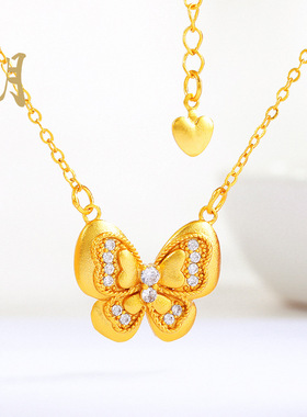 沙金镶钻拉丝花边蝴蝶项链古法镂空磨砂锁骨项圈轻奢百搭吊坠项饰