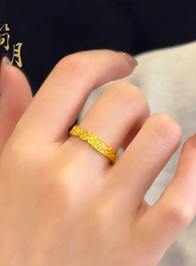 沙金如意吉言开口戒指百搭复古国风精雕福字祥云纹可调节指环手饰