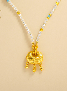 百福平安锁贝珠项链沙金锁骨链新中式个性百搭饰品蹦迪珠珠项饰女