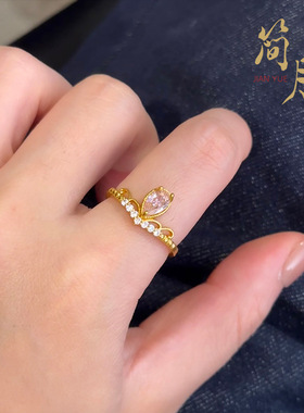 久不掉色沙金镶钻粉色水滴戒指女高级感女王皇冠指环个性食指戒女