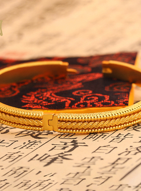 沙金福字卡扣链纹花边开口镯吉言实心拉丝国风富贵手饰轻奢送长辈