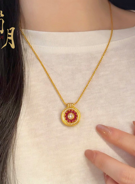 久不掉色沙金镶钻玫瑰花窗吊坠项链八宝罗盘花丝圆盘坠链个性饰品