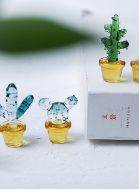外贸出口手工玻璃彩色小摆件盆栽绿植mini精致手作花朵琉璃仙人掌