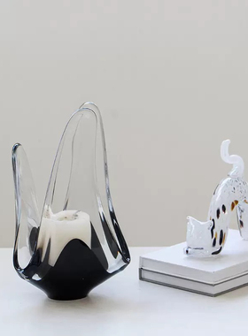 北欧创意极简黑白瓷三叉火焰不规则琉璃摆件样板间售楼处居家软装