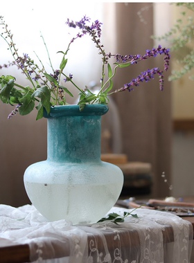 手工磨砂碱面小花瓶干花鲜花花器家居桌面彩蓝色酒店复古摆件