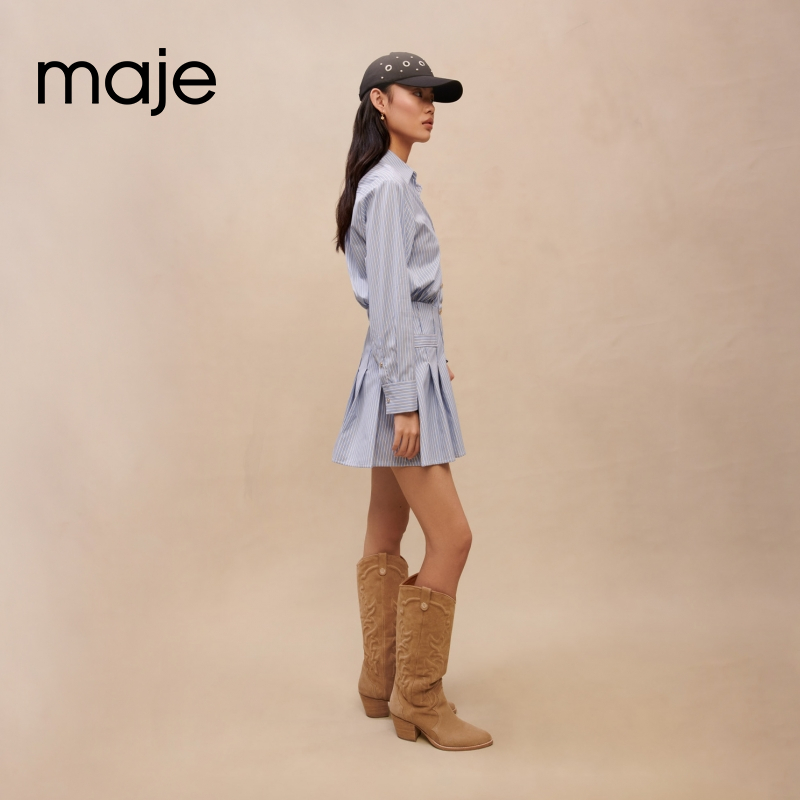Maje Outlet经典款女装蓝白色条纹长袖衬衫连衣裙短裙MFPRO02805 - 图1