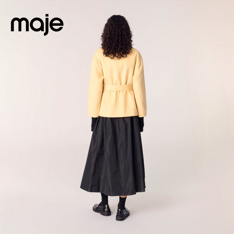 Maje2025春夏女装法式时尚羊毛混纺黄色系带收腰翻领短款毛呢外套,淘宝优惠券,粉丝福利购,淘宝优惠卷