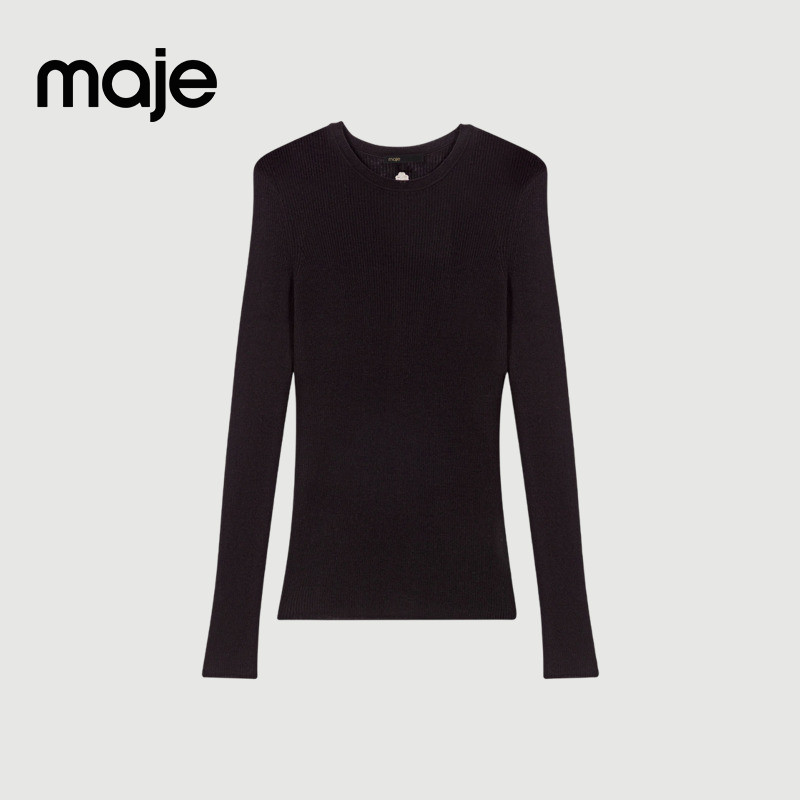 Maje商场同款2025秋冬新款女装法式羊毛混纺黑色圆领短款针织上衣,淘宝优惠券,粉丝福利购,淘宝优惠卷