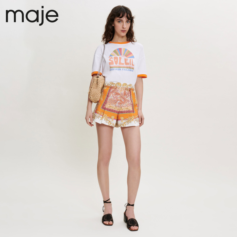 Maje Outlet【胶囊系列】女装时尚撞色印花短袖T恤上衣MFPTS00609 - 图0