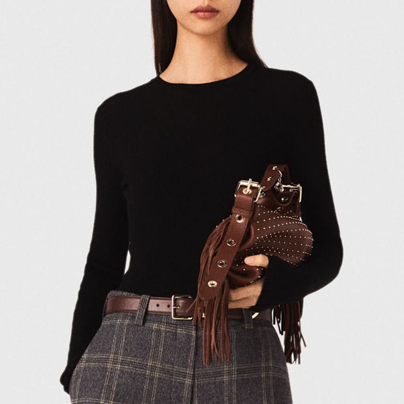 Maje商场同款2025秋冬新款女装法式羊毛混纺黑色圆领短款针织上衣,淘宝优惠券,粉丝福利购,淘宝优惠卷