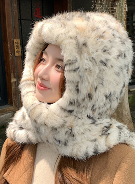 女冬季真兔毛连帽围巾一体风雪帽