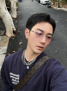 椭圆形无框y2k男墨镜女高级感紫色太阳镜时髦辣妹复古防紫外线潮