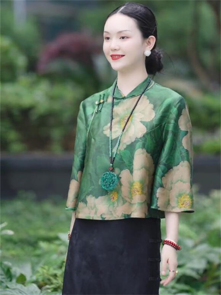 国风香云纱外披醋酸真丝上衣女装2023早秋新款桑蚕丝大牌衬衫衬衣