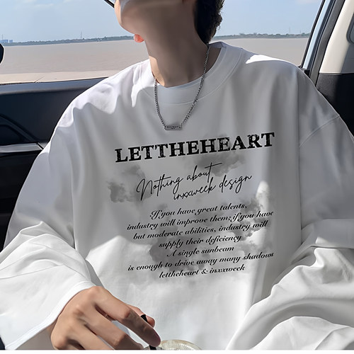 美式重磅纯棉长袖t恤男士秋冬季宽松大码白色内搭上衣男女打底衫 - 图2