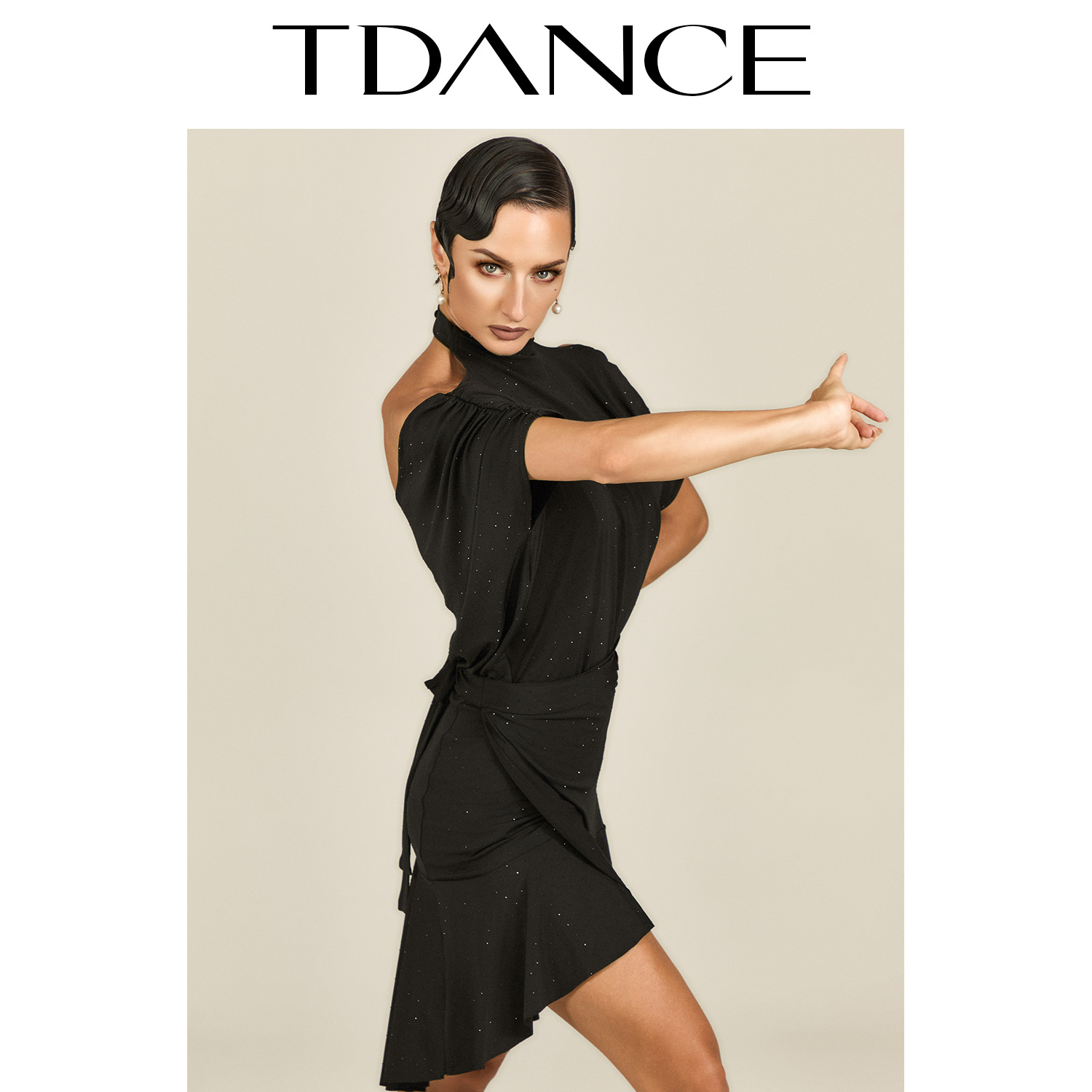 TDANCE拉丁摩登女【烫钻挂脖漏肩连体上衣】集训班服教师 GL-203 - 图1