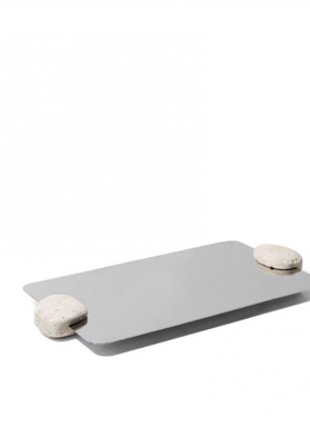 长方形拖盘洞石几何线条不锈钢摆件样板房售楼处玄关茶几装饰品