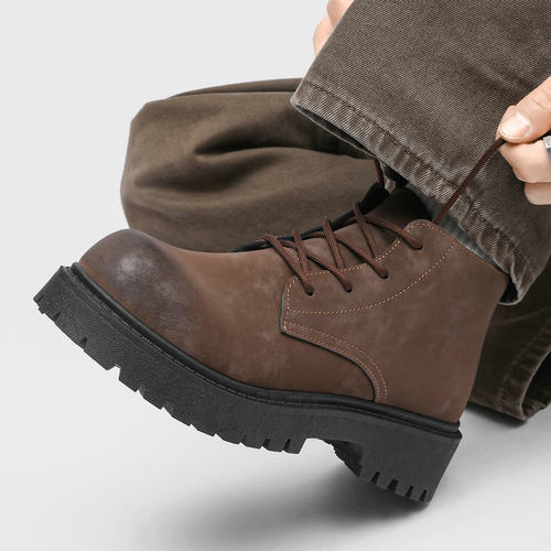 男士马丁靴复古短靴英伦厚底增高靴子中帮皮鞋短筒哑光黑色机车靴 - 图0