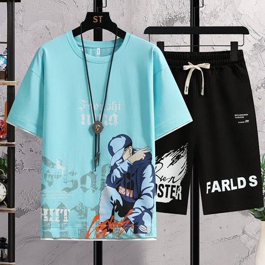 Summer Fashion Teen Leisure Sports Set Men Junior High School Student Trendy Short Sleeve T-shirts Men Handsome Big Children