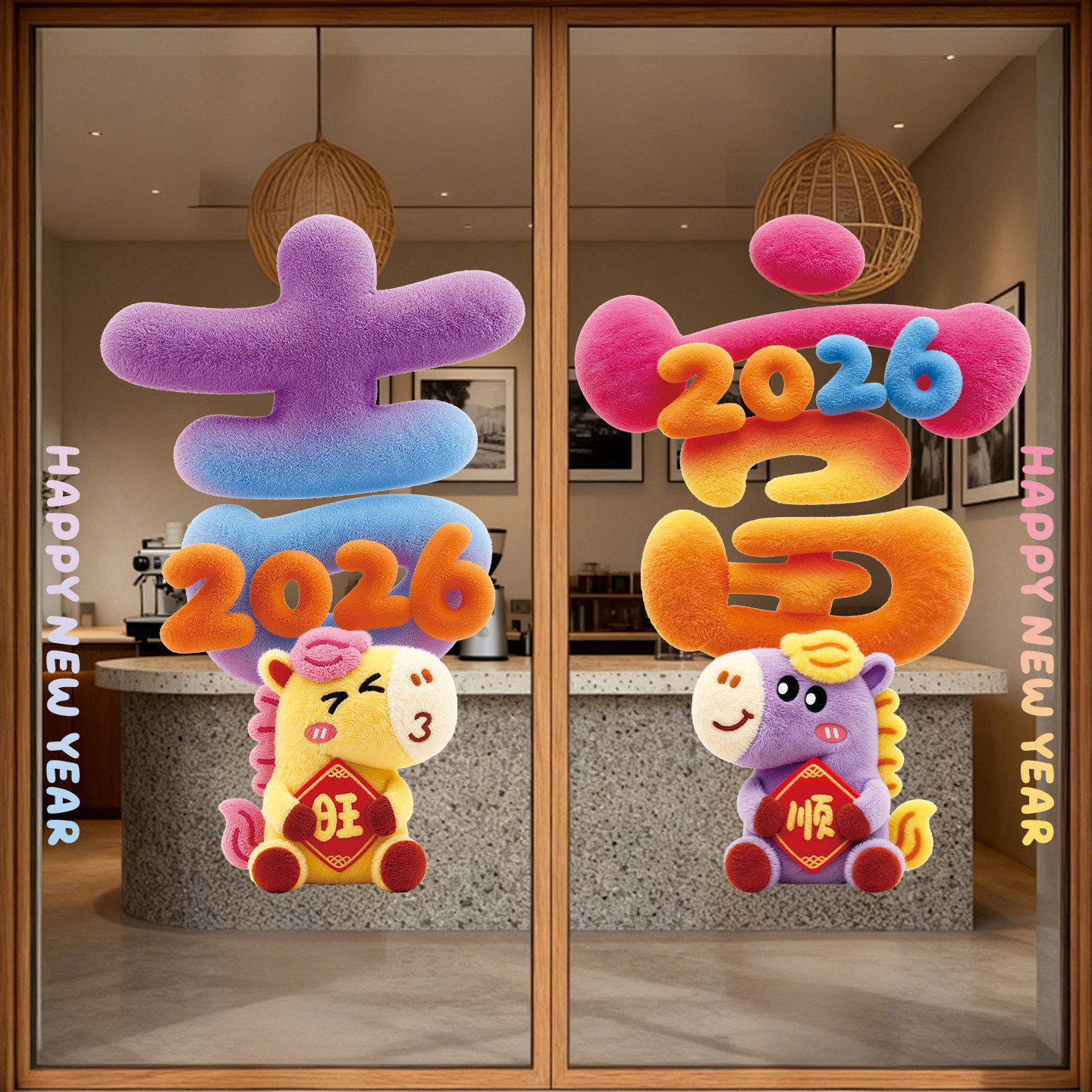 5D毛绒小马窗花贴纸玻璃静电贴门贴商场橱窗窗贴氛围布置门贴装饰,淘宝优惠券,粉丝福利购,淘宝优惠卷