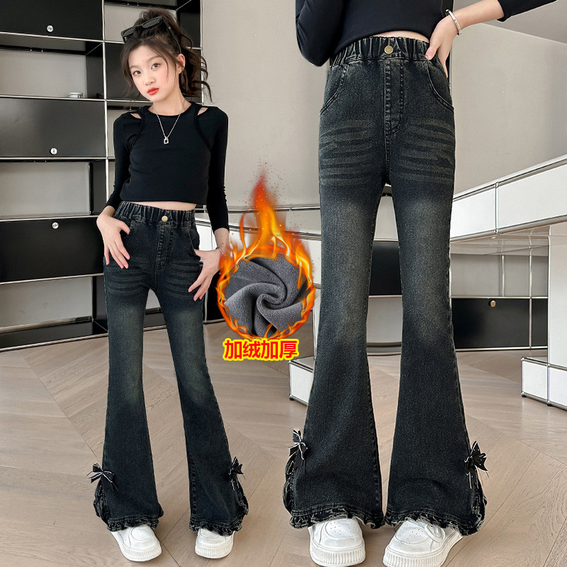 女童加绒牛仔裤秋冬新款中大童一体绒加厚裤子洋气儿童弹力喇叭裤,淘宝优惠券,粉丝福利购,淘宝优惠卷