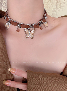 美拉德棕色蝴蝶复古choker颈链