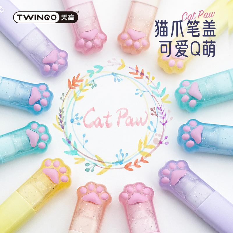 双头猫爪荧光笔小学生专用高颜值大容量彩色女生初中生记号笔粗划重点轮廓笔手账莹光笔做笔记标记笔斜头套装 - 图2