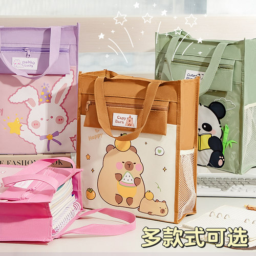 卡通手提补习袋女小学生男孩初中生大容量儿童帆布拉链式高颜值一年级开学文具书包美术袋补习班作业试卷收纳 - 图0