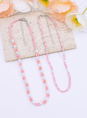 粉色花朵串珠项链小众多巴胺配饰