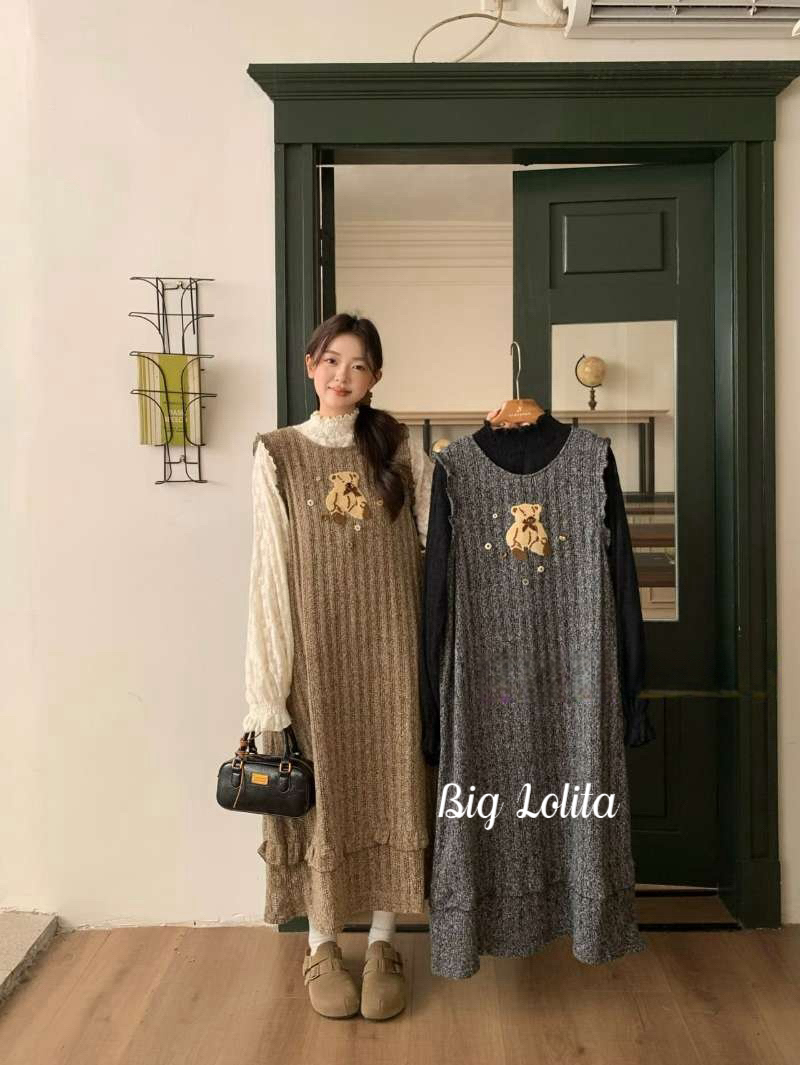 【纽扣熊】大码复古绣花背心裙女内搭内搭秋打底连衣裙两件套胖MM - 图0