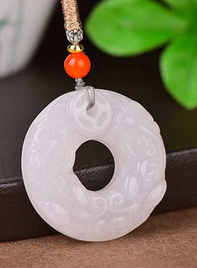 金丝玉白玉双貔貅玉吊坠兽环挂件