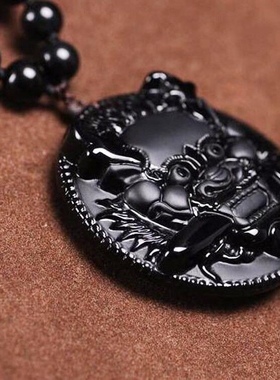 天然保真黑曜石玉石项坠挂件男款颈饰玉坠石敢当睚眦吊坠 送证书