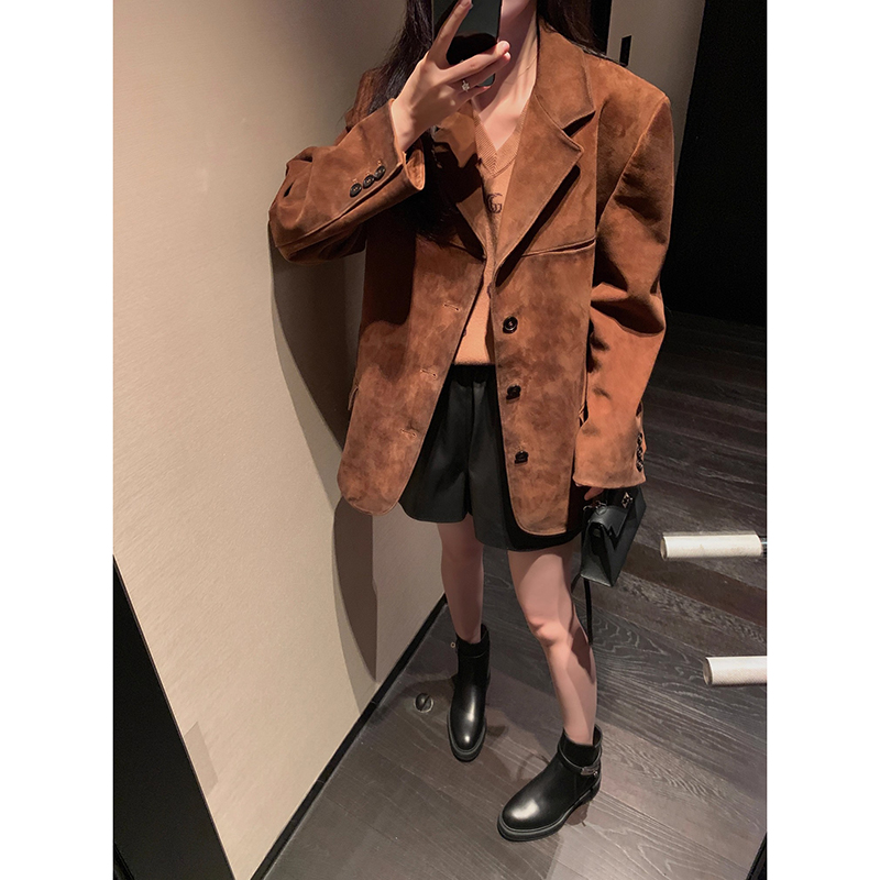 CHINAL秋新款高级棕色复古美拉德绒面皮衣山羊皮真皮西装外套女 - 图3