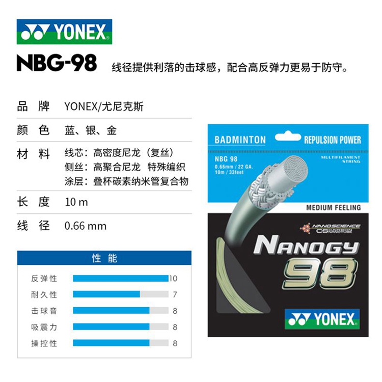 YY尤尼克斯YONEX羽毛球拍线NBG-95 99 98 BGAS BG6EX耐打高弹控球 - 图1