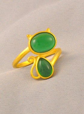 猫蛰布偶猫伦敦冰绿戒指女镀24K金色花丝可爱猫咪时尚礼物送女友