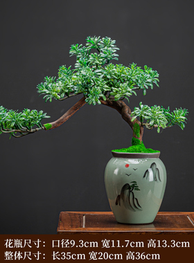 新中式仿真迎客松盆景植物招财禅意摆件客厅玄关小盆栽桌面装饰品