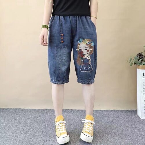 薄款五分牛仔裤女夏胖mm大码宽松显瘦刺绣哈伦裤小个子休闲六分裤 - 图0